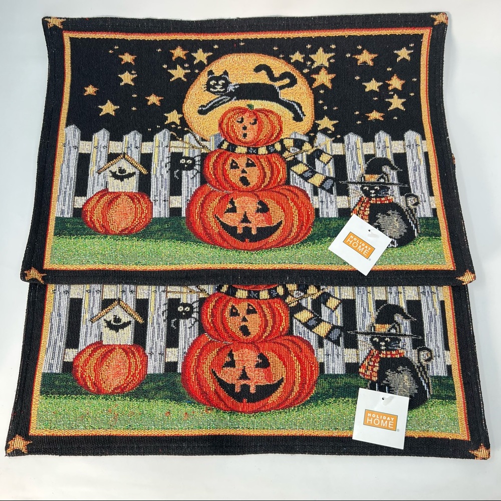 Woven Halloween Placemats Cats Stars Moon & Pumpkins X2